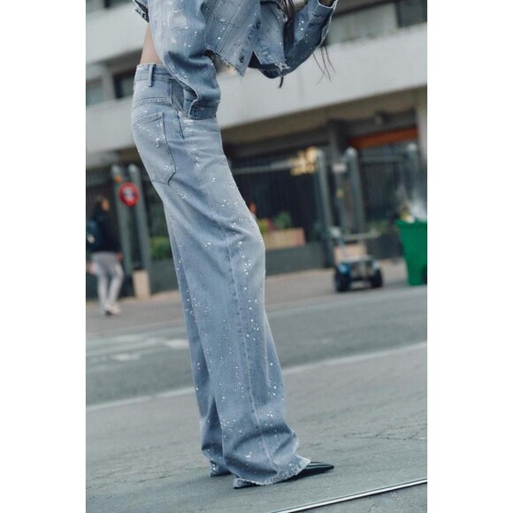 ZARA TRF STRAIGHT-LEG RHINESTONE HIGH-WAIST JEANS - Picture 3 of 8